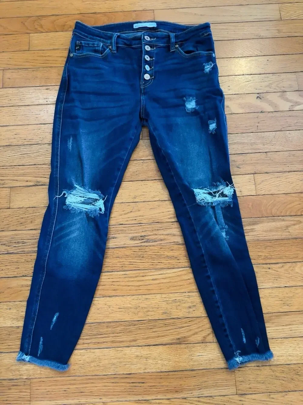 KanCan Womens 29 High Rise Skinny Jeans Distressed Button Fly Raw Hem Stretch